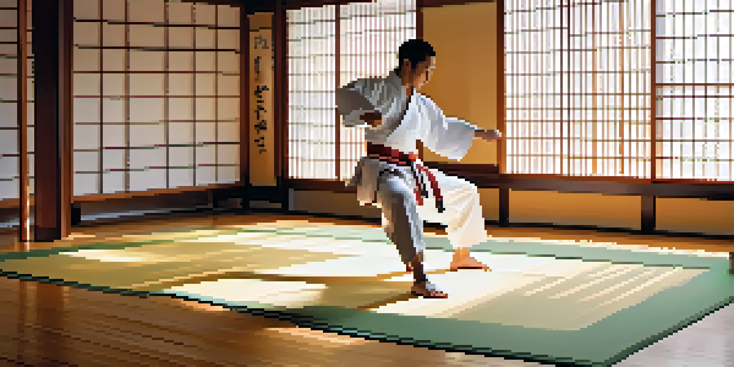 A martial artist executing a kick in a bright dojo filled with traditional decor and filtered sunlight.