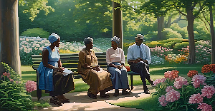 A historical African American family gathering in a lush green landscape, with elders sharing stories with children under the soft sunlight.