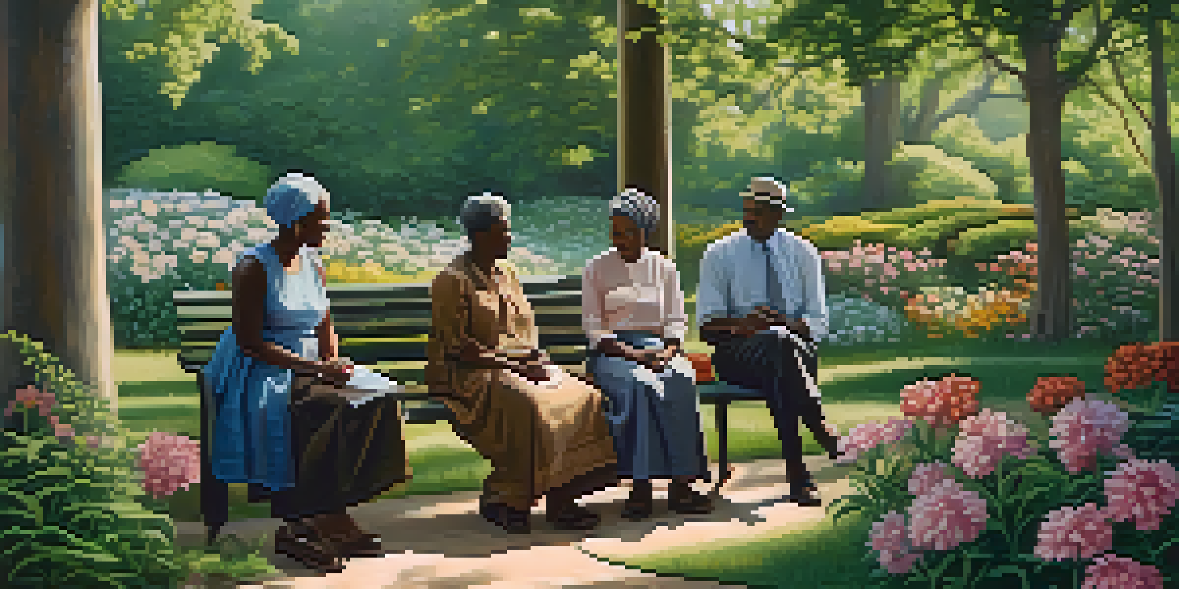 A historical African American family gathering in a lush green landscape, with elders sharing stories with children under the soft sunlight.