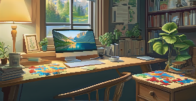A warm and inviting home office with puzzles on the desk, a laptop open to a puzzle community, and sunlight streaming through the window.