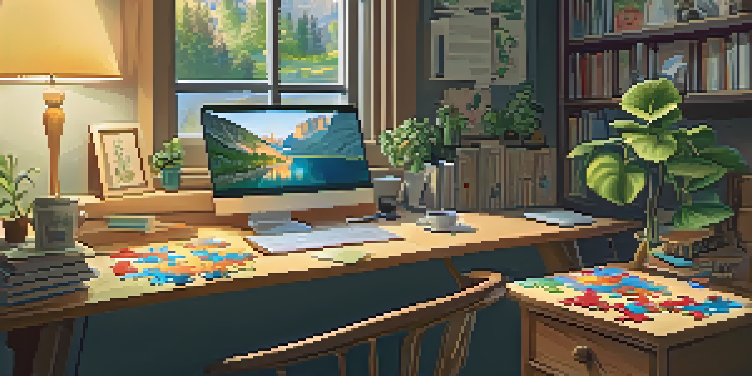 A warm and inviting home office with puzzles on the desk, a laptop open to a puzzle community, and sunlight streaming through the window.