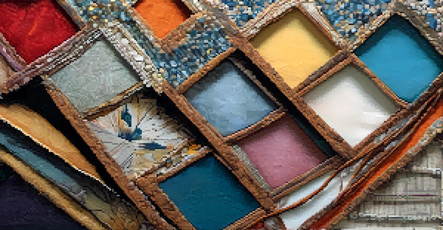 A close-up view of a mixed media artwork with layered fabrics, papers, and paints, highlighting intricate details and textures.
