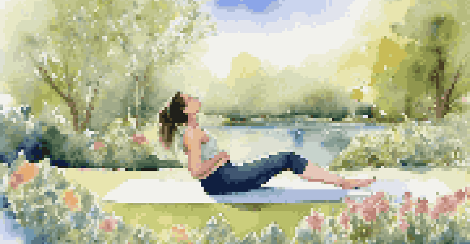 A person in Bridge Pose on a yoga mat in a garden, surrounded by flowers and a clear sky.