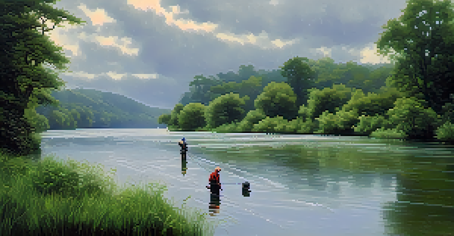 A rainy river scene with an overcast sky, a fisherman in a rain jacket casting a line, and fish swimming below the surface.