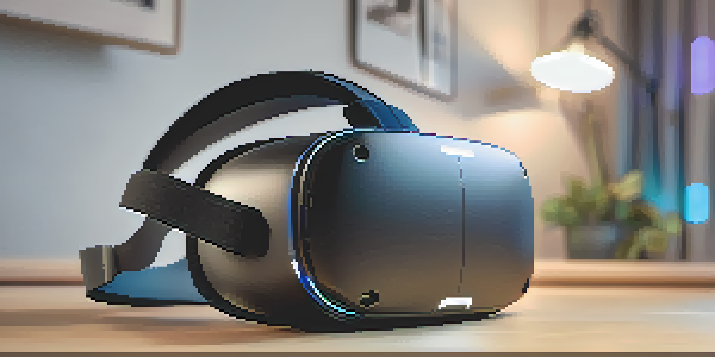 A modern VR headset on a wooden table, with soft lighting and a blurred user immersed in a virtual environment in the background.