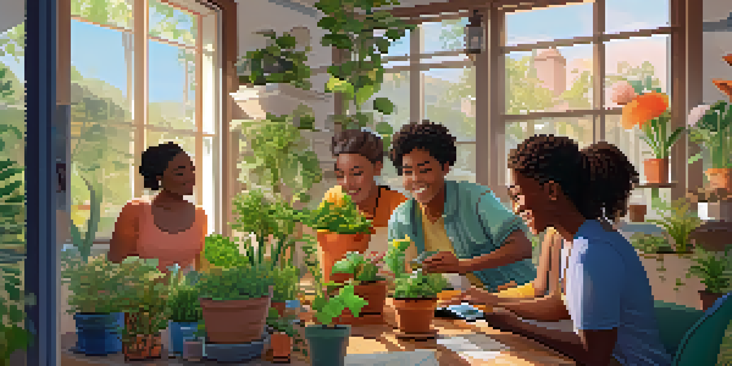 A group of friends collaborating on a virtual gardening project, with colorful plant designs displayed on a screen.