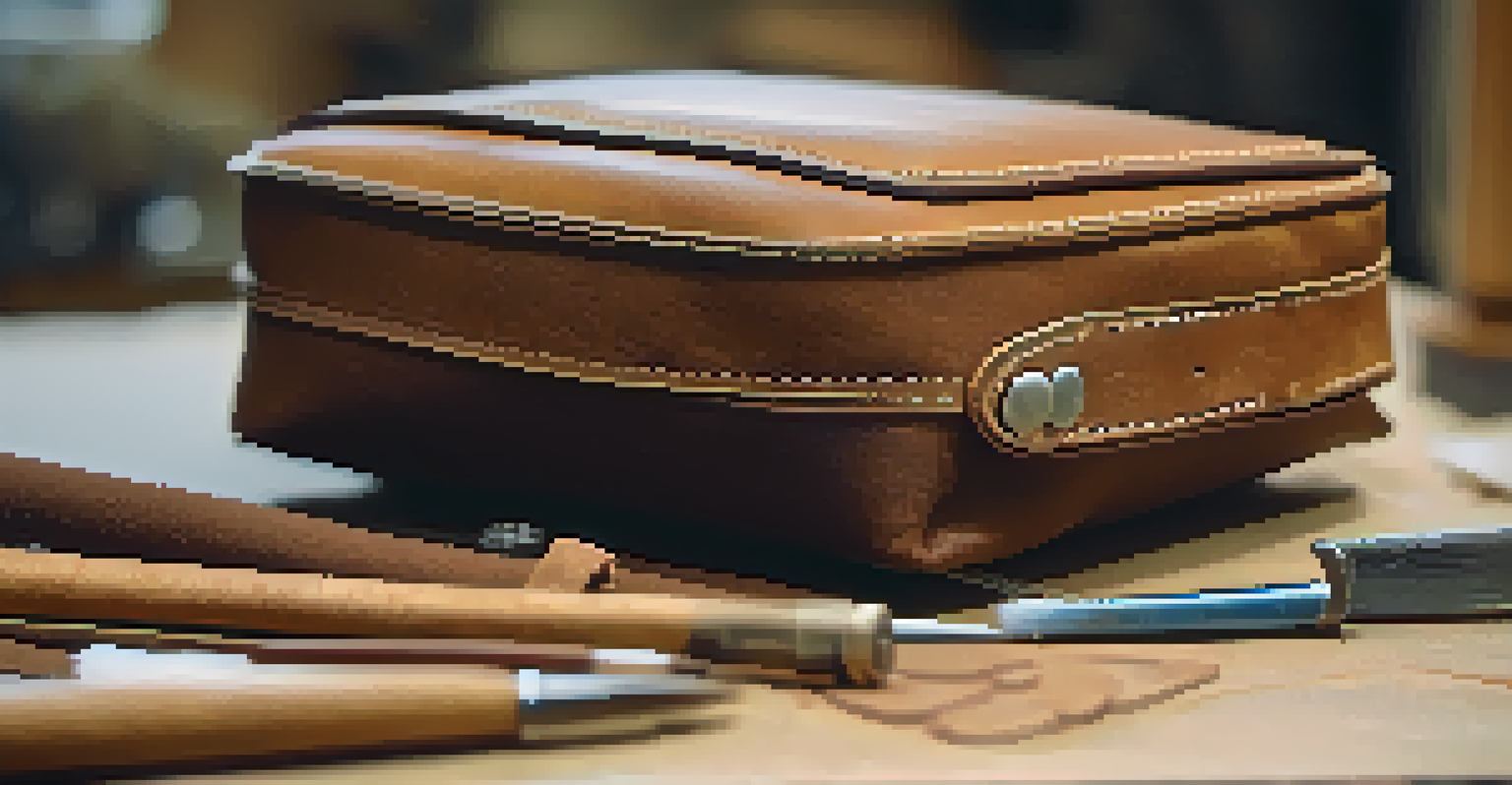A leather bag being stitched, showing suede and top-grain leather with tools in a workshop.