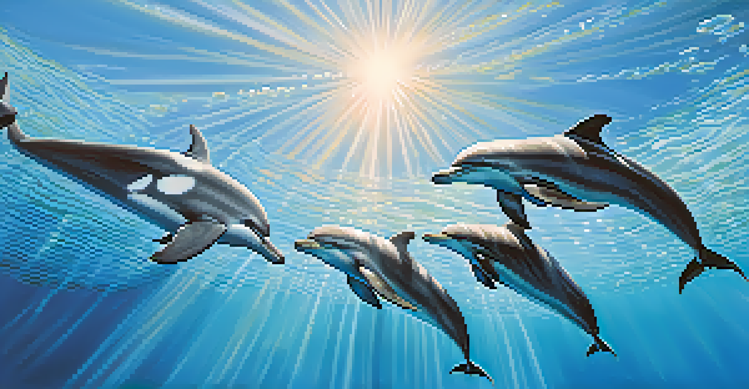 A group of dolphins swimming playfully in the ocean, surrounded by bubbles and illuminated by sunlight.