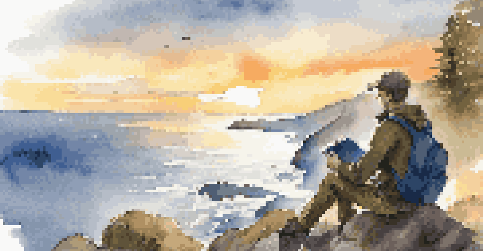 A traveler writing in a notebook on a cliff, watching a stunning sunset over the ocean.