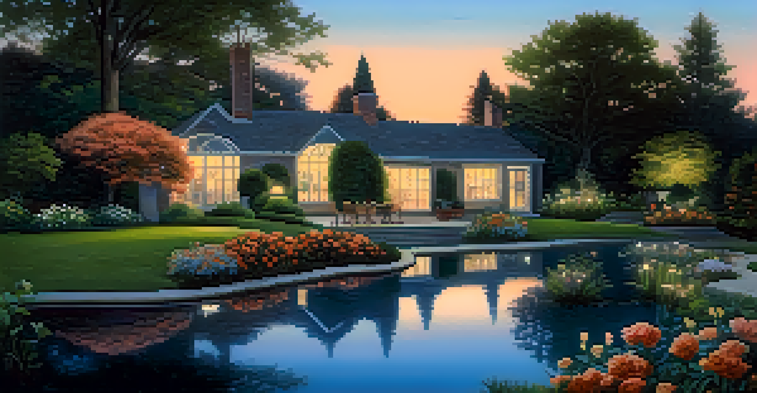 A peaceful twilight garden with flowers and a pond, showcasing calming colors and soft lighting.
