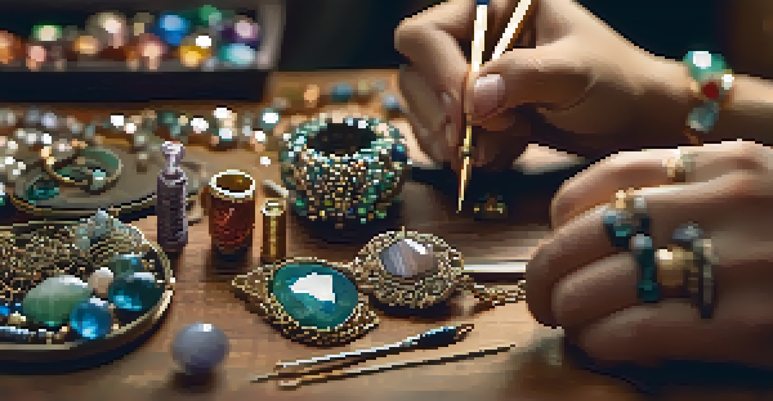Close-up of hands crafting jewelry with wire wrapping techniques, surrounded by gemstones and tools.