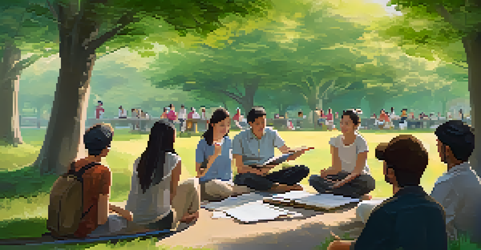A group of travelers learning a language outdoors, listening to a local guide with a beautiful park as the backdrop.