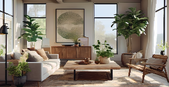 A bright and inviting living room with modern furniture, large windows, and a reclaimed wood table, showcasing plants and artwork.