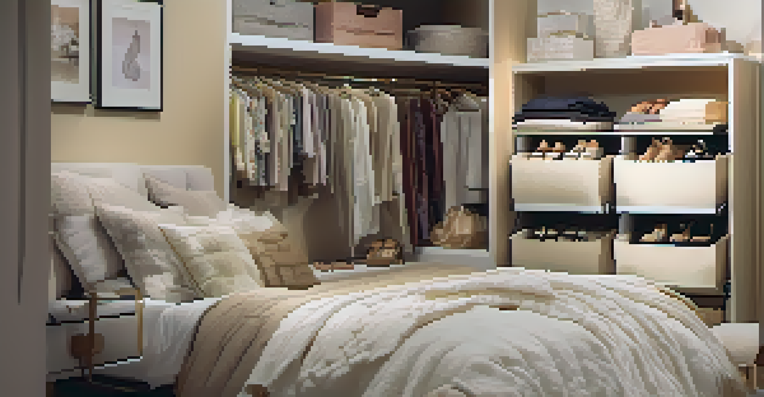 Under-bed storage with organized bins and decorative boxes, creating a neat and stylish bedroom environment.