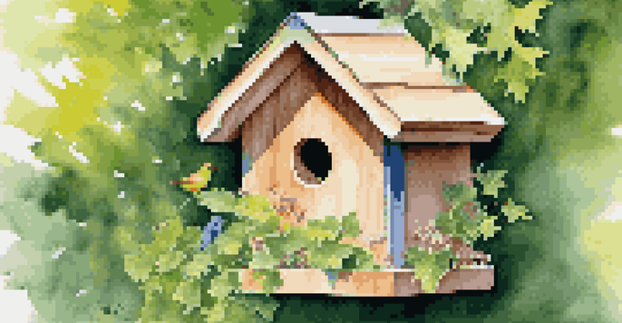 A colorful, handcrafted birdhouse made of cedar wood, surrounded by greenery in a sunny garden.