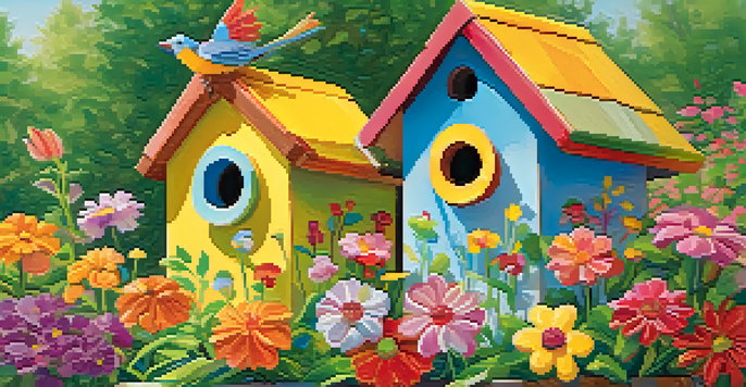 A lively garden with children painting colorful birdhouses, surrounded by flowers and sunlight.