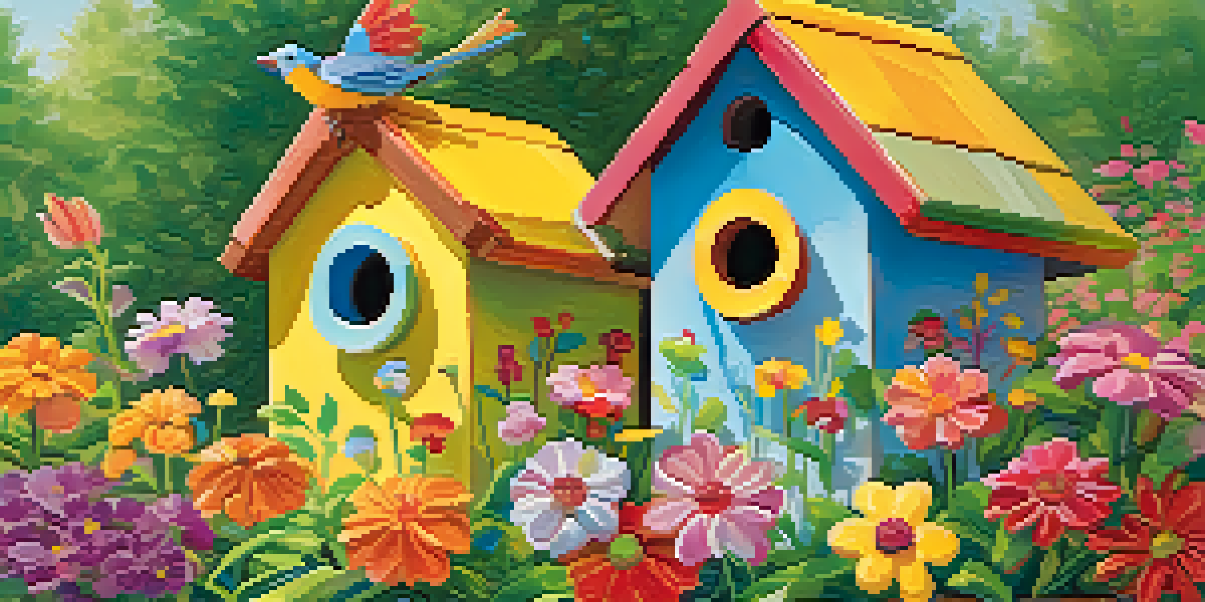 A lively garden with children painting colorful birdhouses, surrounded by flowers and sunlight.