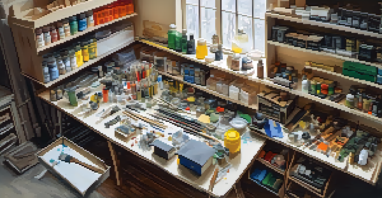 Overhead view of a well-organized model building workspace with military scale model kits and tools.