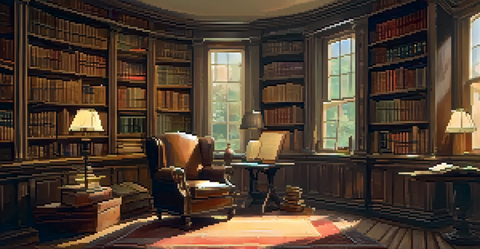 A warm and inviting library with wooden shelves filled with historical books and documents, illuminated by soft lighting, featuring a vintage globe and a reading chair.