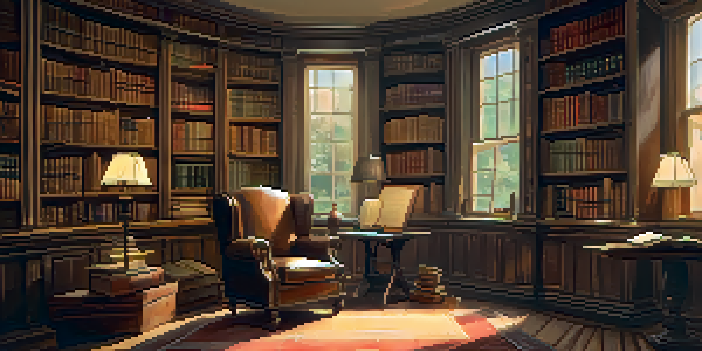 A warm and inviting library with wooden shelves filled with historical books and documents, illuminated by soft lighting, featuring a vintage globe and a reading chair.