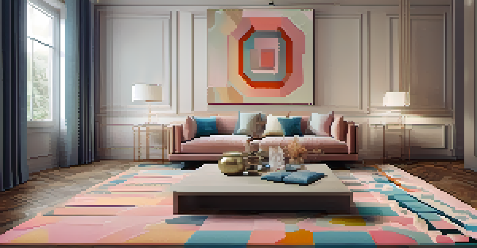 A beautifully tufted rug with geometric patterns in soft colors, placed on a wooden floor with warm lighting.