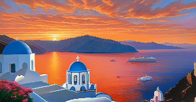 A picturesque sunset over Santorini's caldera, featuring whitewashed buildings and a couple enjoying the view.