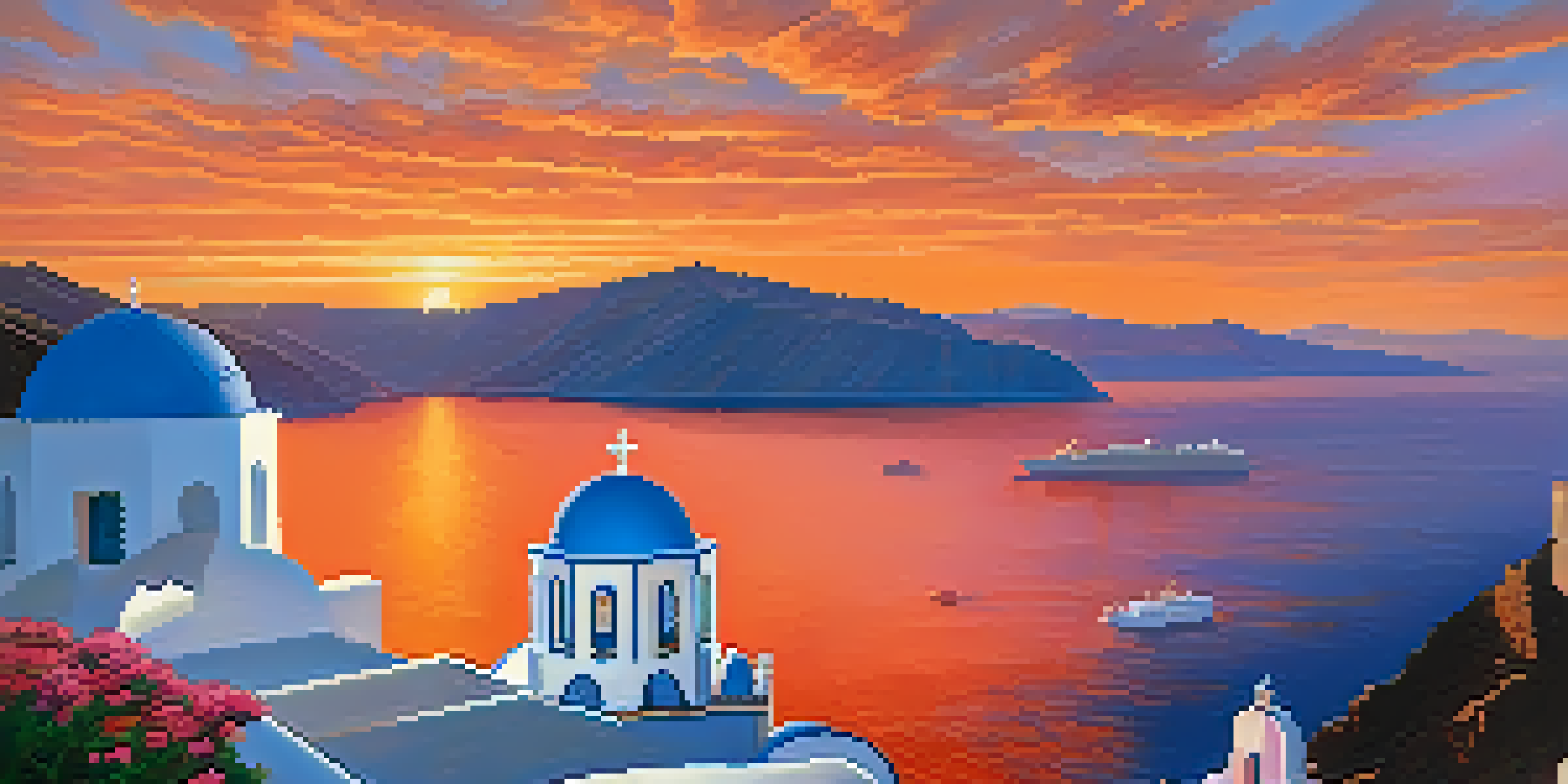 A picturesque sunset over Santorini's caldera, featuring whitewashed buildings and a couple enjoying the view.