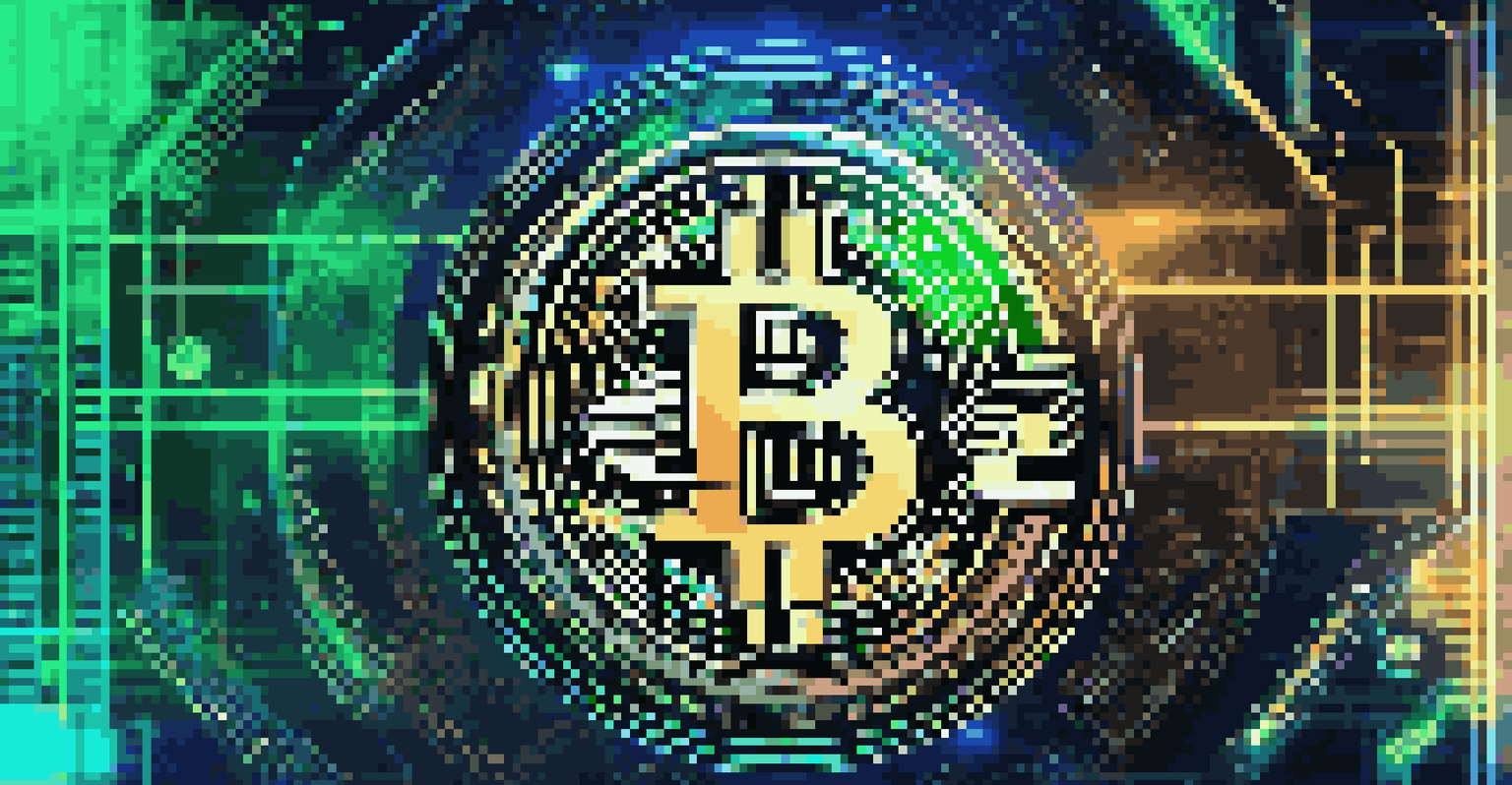 A futuristic concept of digital currency with a holographic Bitcoin and glowing binary code in a tech-savvy environment.
