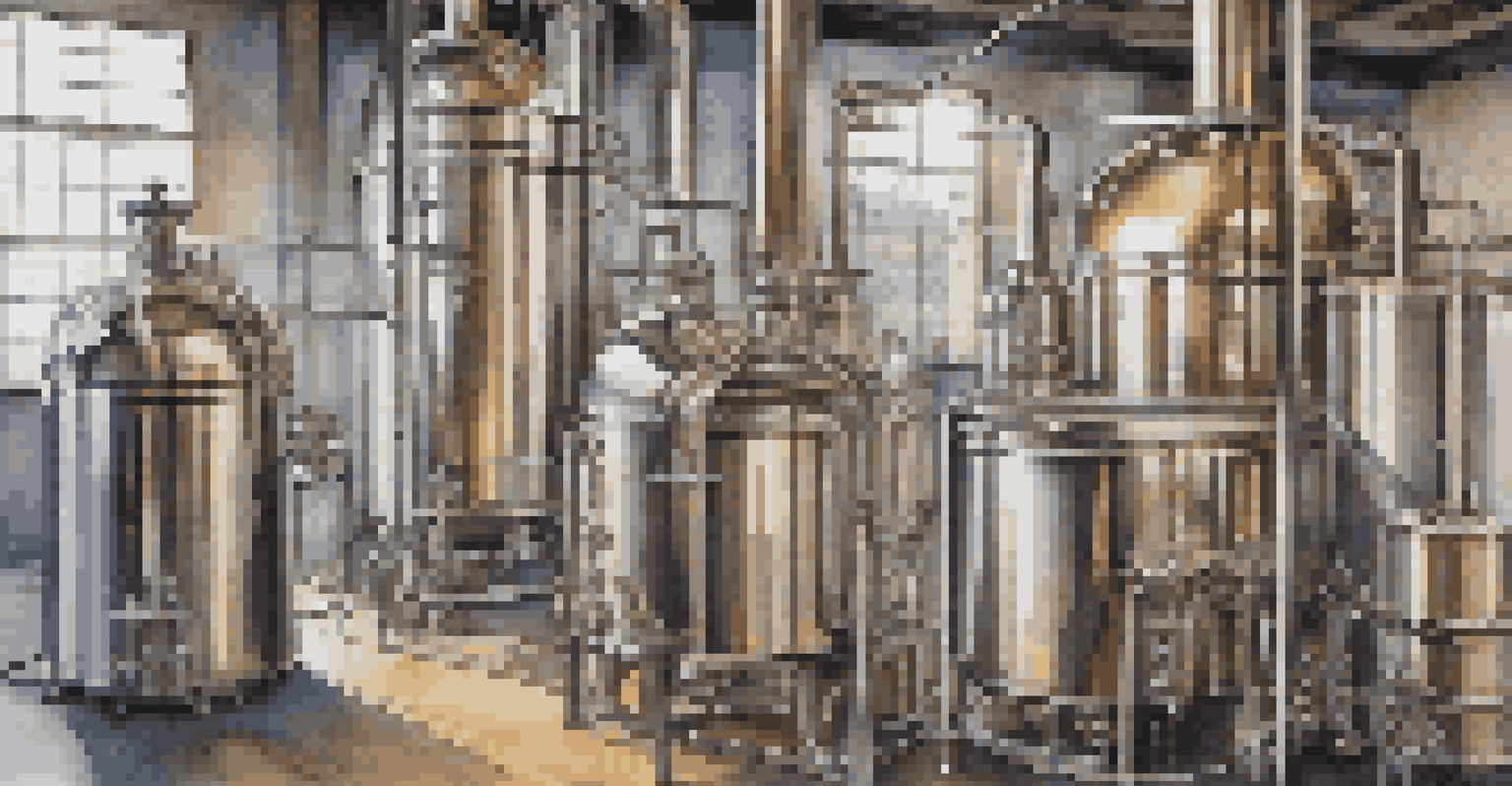 A close-up of a glass and stainless steel still with light reflections and organized distilling tools in the background.