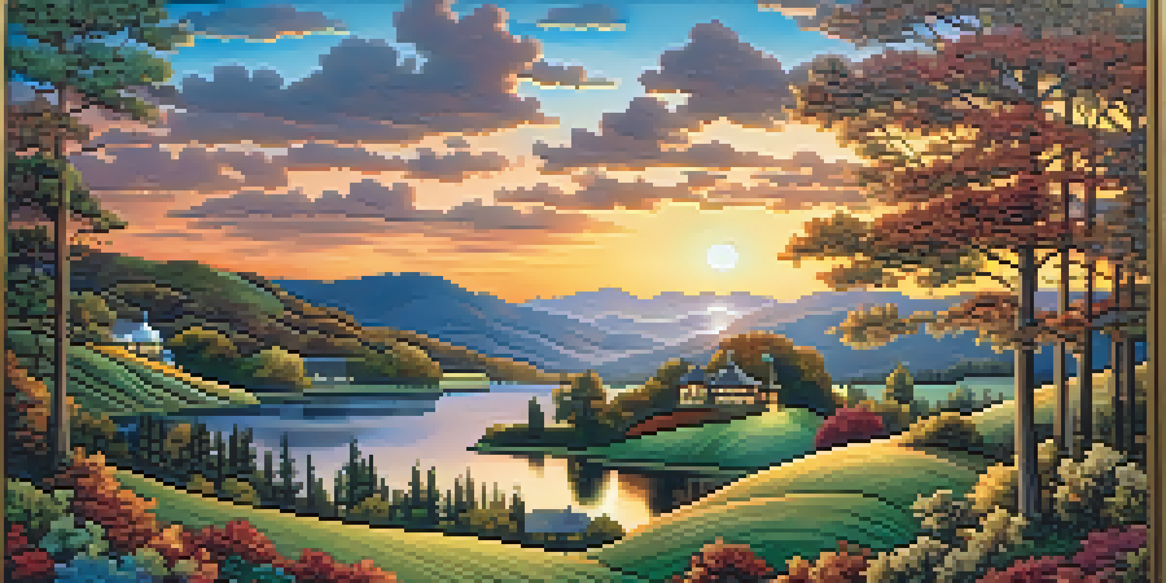 A framed jigsaw puzzle depicting a serene landscape with rolling hills and a sunset, displayed in a cozy living room.