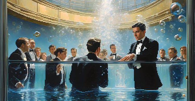 A magician in a tuxedo performing an escape act in a water tank, surrounded by bubbles, with an audience watching in awe.