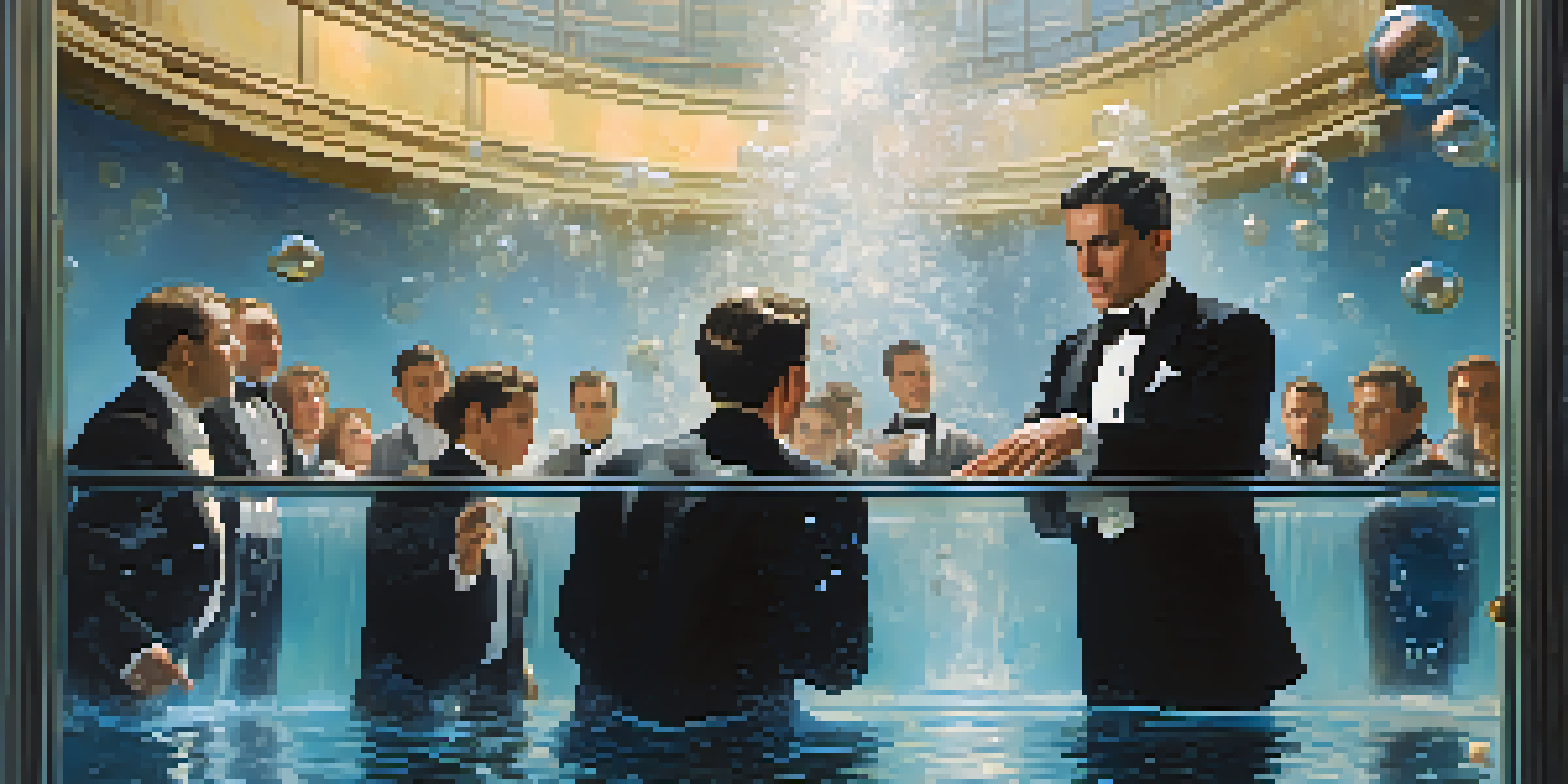 A magician in a tuxedo performing an escape act in a water tank, surrounded by bubbles, with an audience watching in awe.