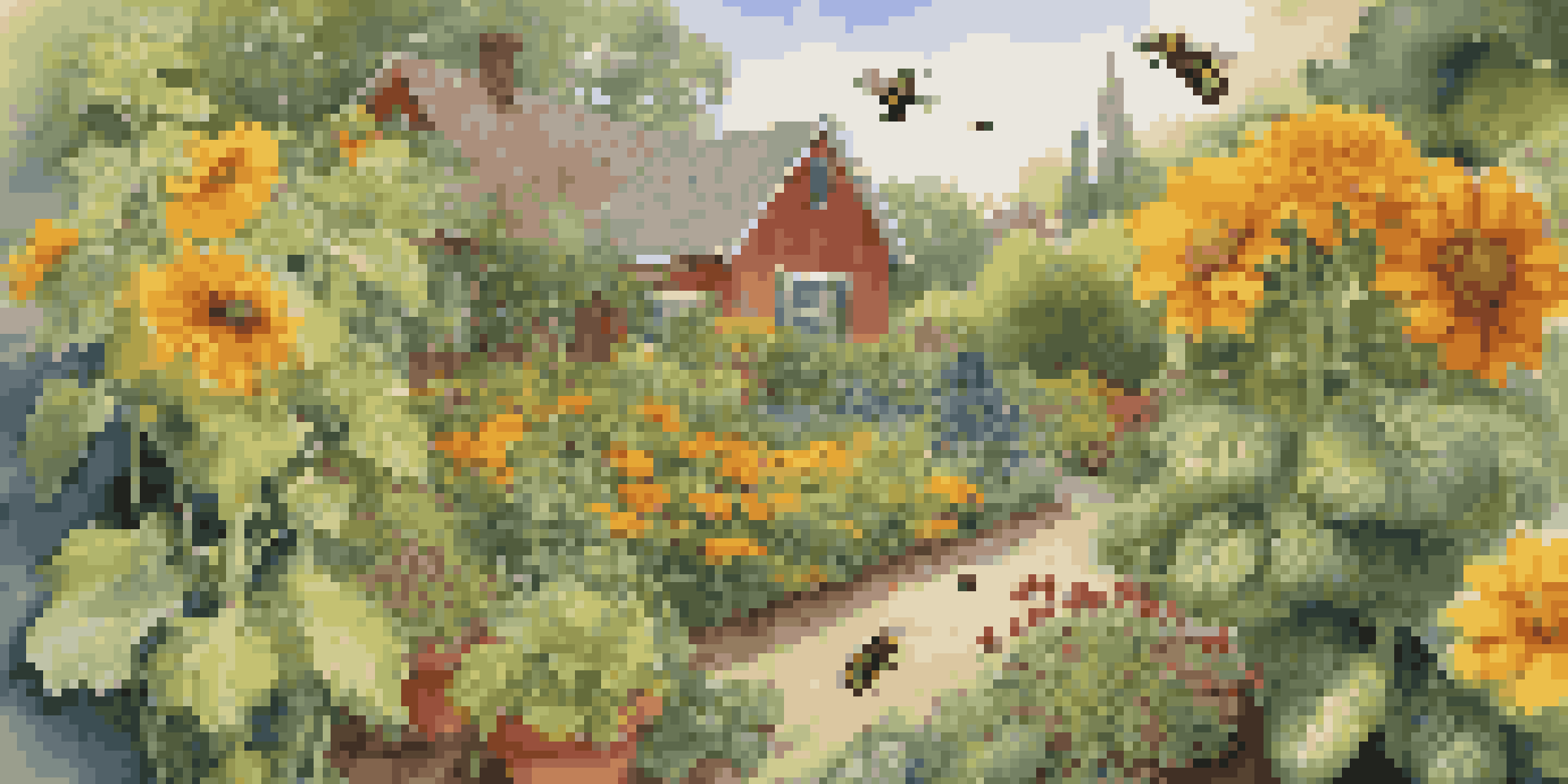 A colorful garden with tomatoes and basil growing together, marigolds in the background, and bees near sunflowers, with sunlight filtering through the leaves.