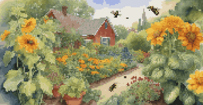 A colorful garden with tomatoes and basil growing together, marigolds in the background, and bees near sunflowers, with sunlight filtering through the leaves.