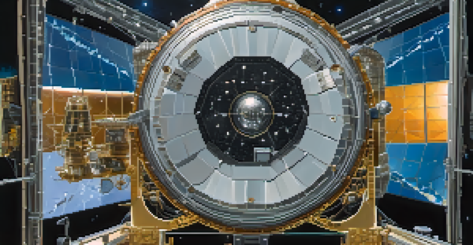 A detailed close-up of the Hubble Space Telescope's primary mirror and instruments, focusing on its design and technology.