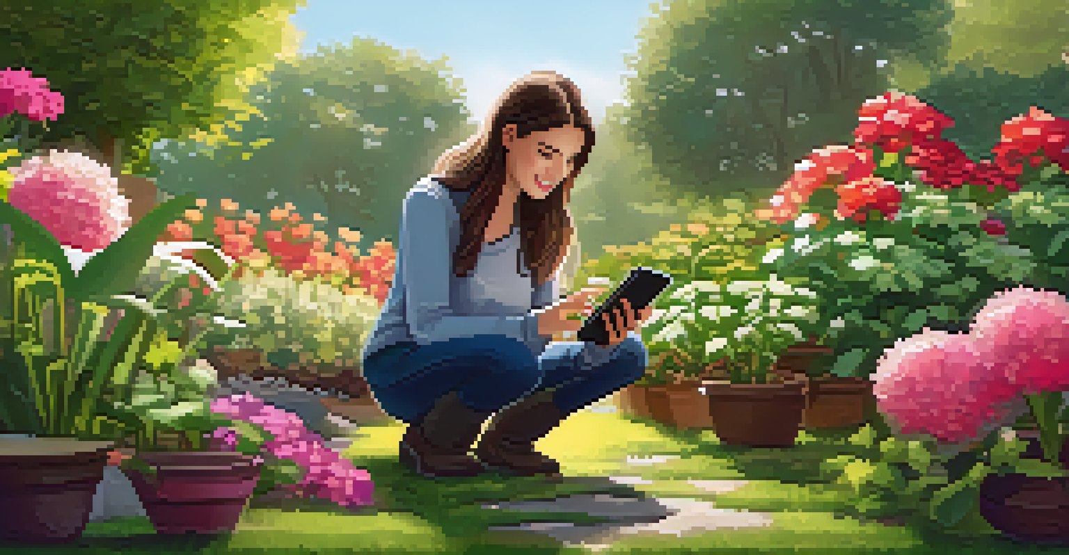 A gardener using a smartphone app in a colorful garden, focusing on soil analysis displayed on the screen.