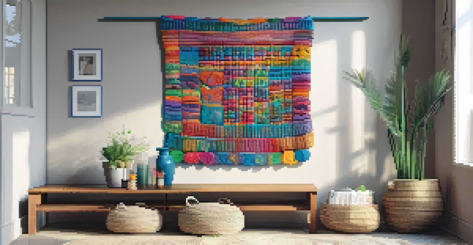 A large knitted wall hanging in vibrant colors above a wooden console table, decorated with crochet baskets and art books.
