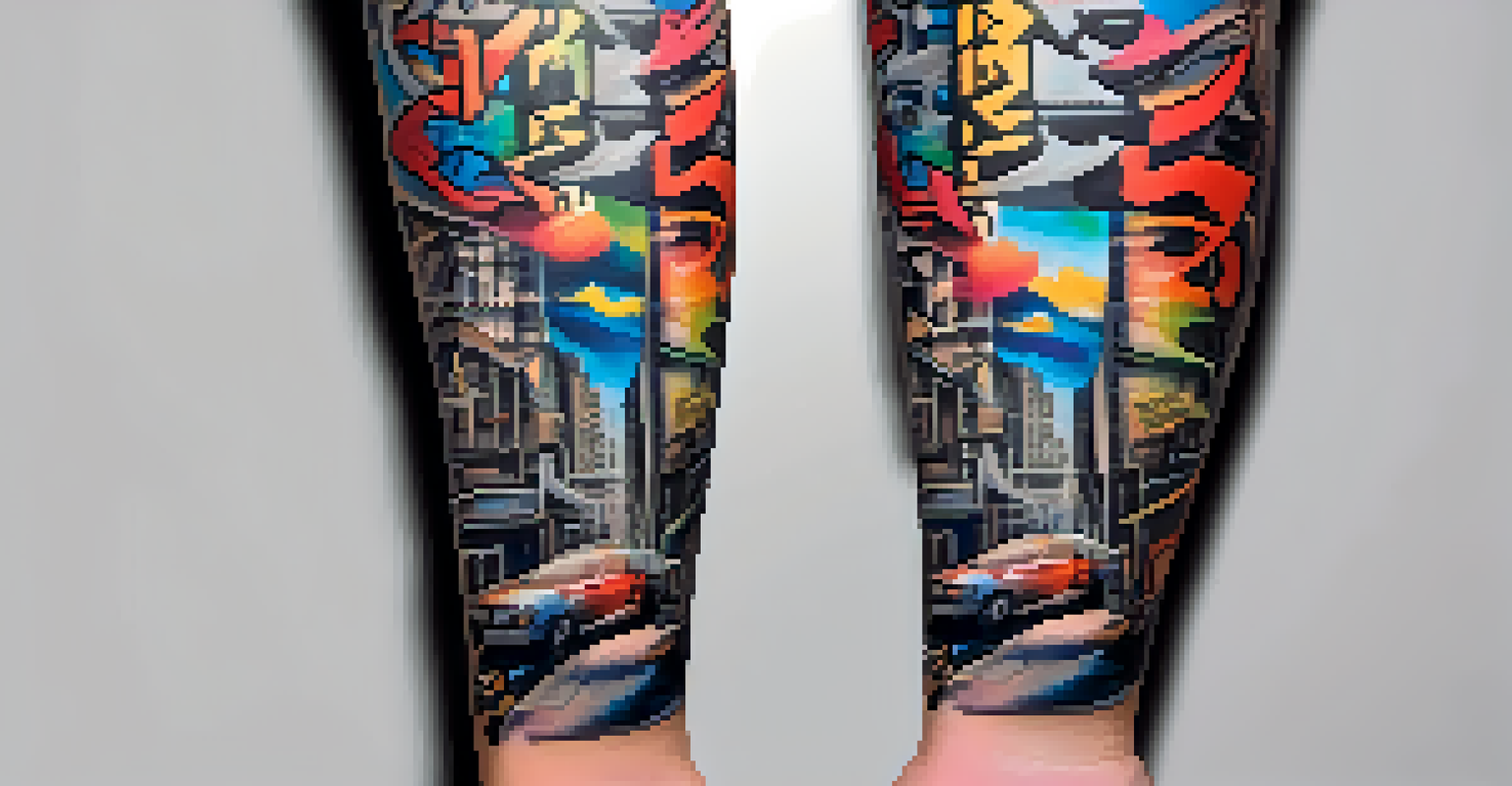 A tattoo design on an arm inspired by street art, featuring vibrant colors and intricate details that mimic a mural.
