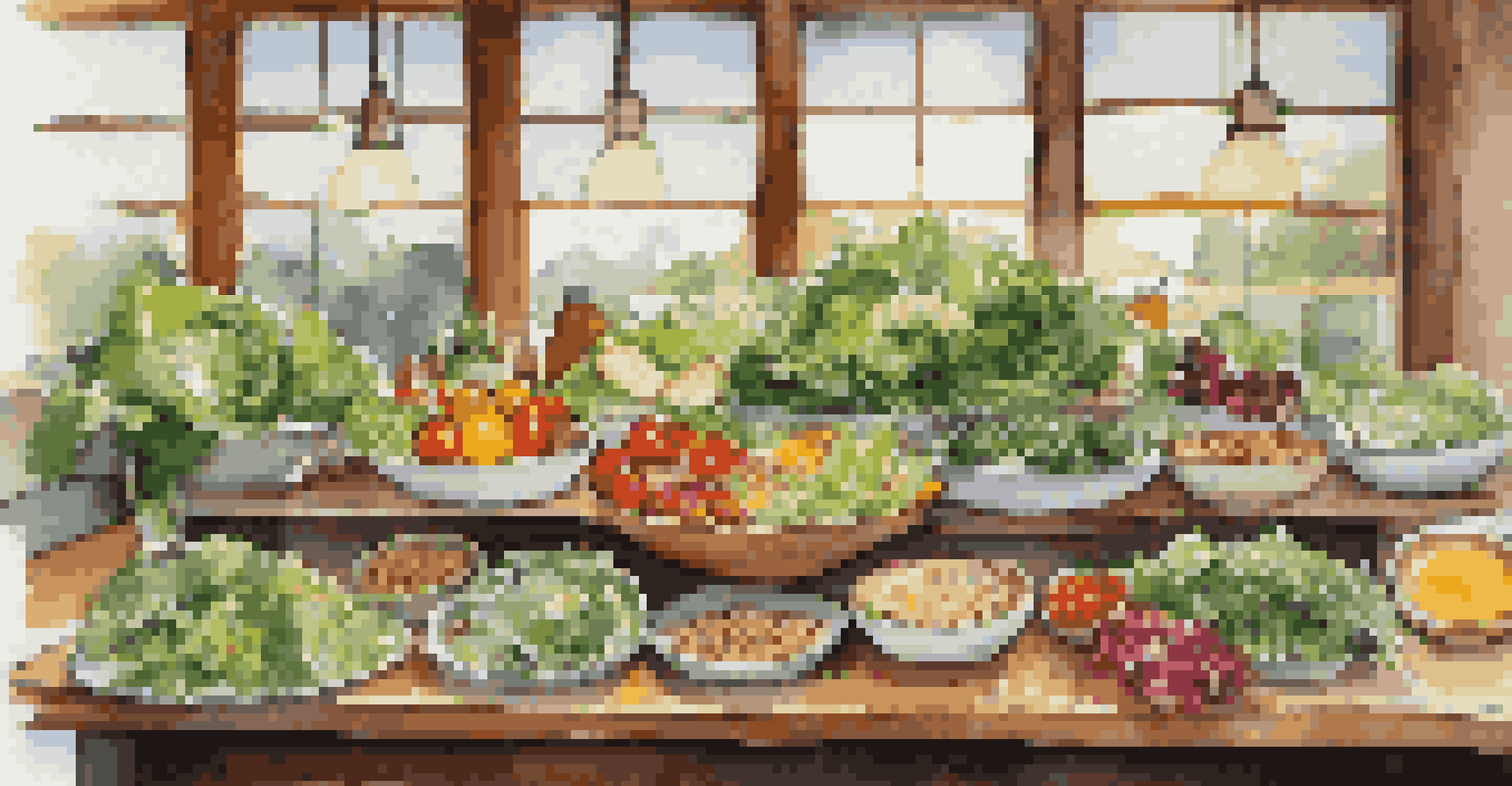 A salad bar with various fresh greens, vegetables, nuts, and dressings on a rustic table.