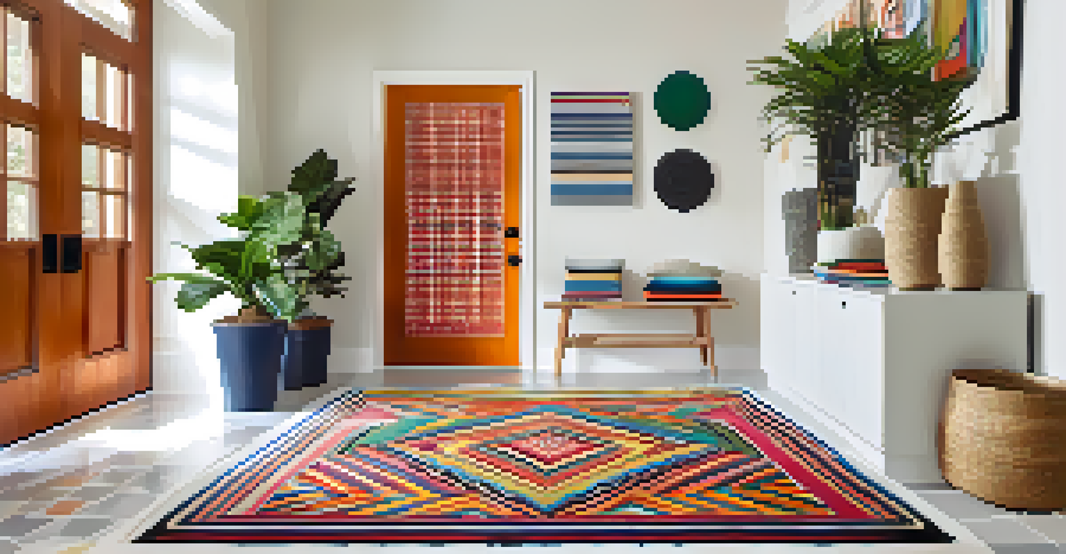 A colorful flatweave rug with geometric patterns in an entryway, accompanied by a potted plant and shoe rack.