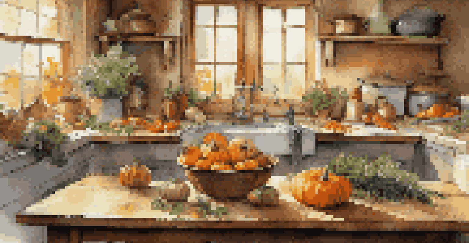 A rustic kitchen table filled with fresh autumn vegetables and herbs, with a pot simmering on the stove in a warmly lit environment.