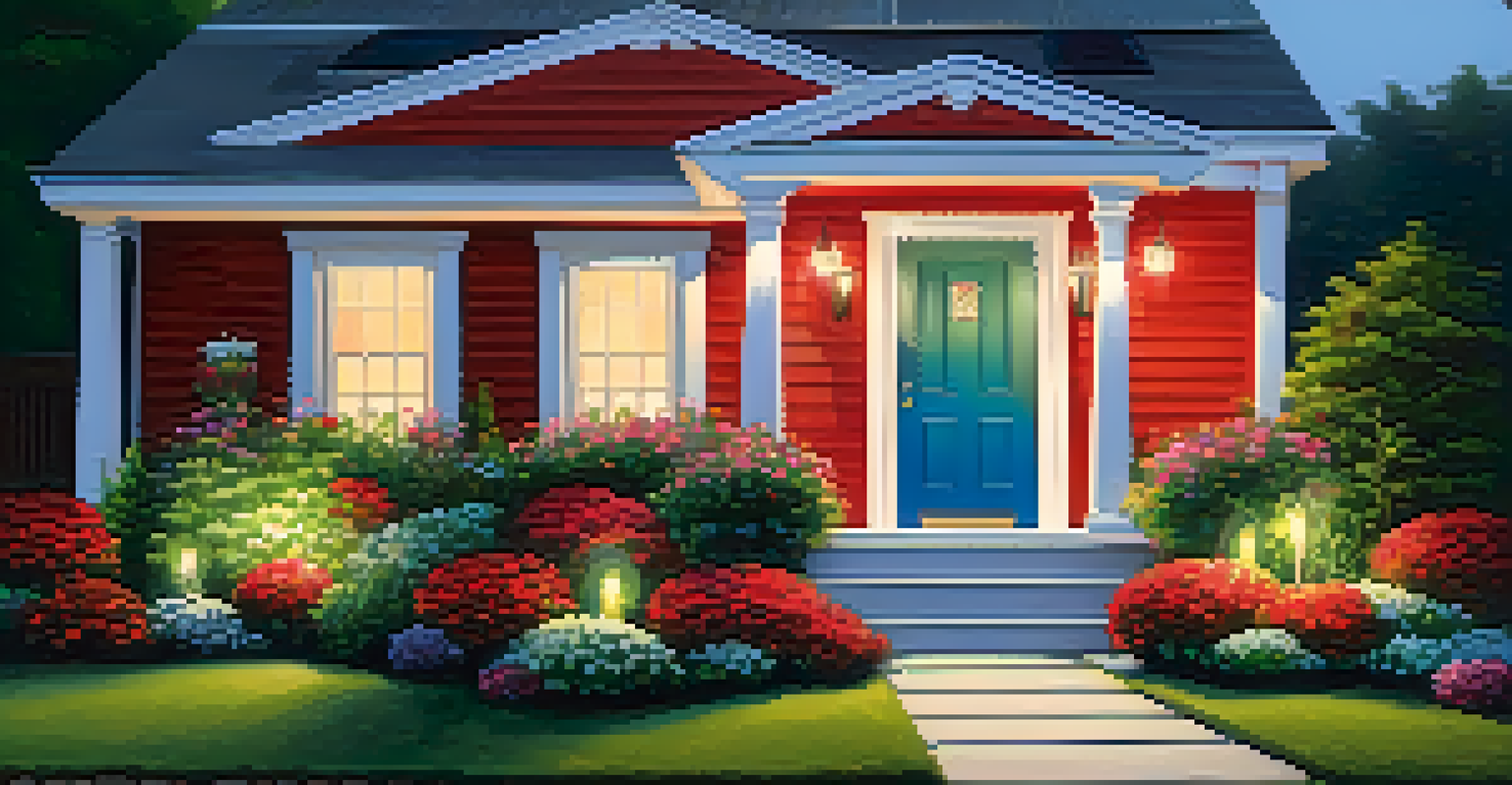 A charming front porch with a red door and colorful flower garden.