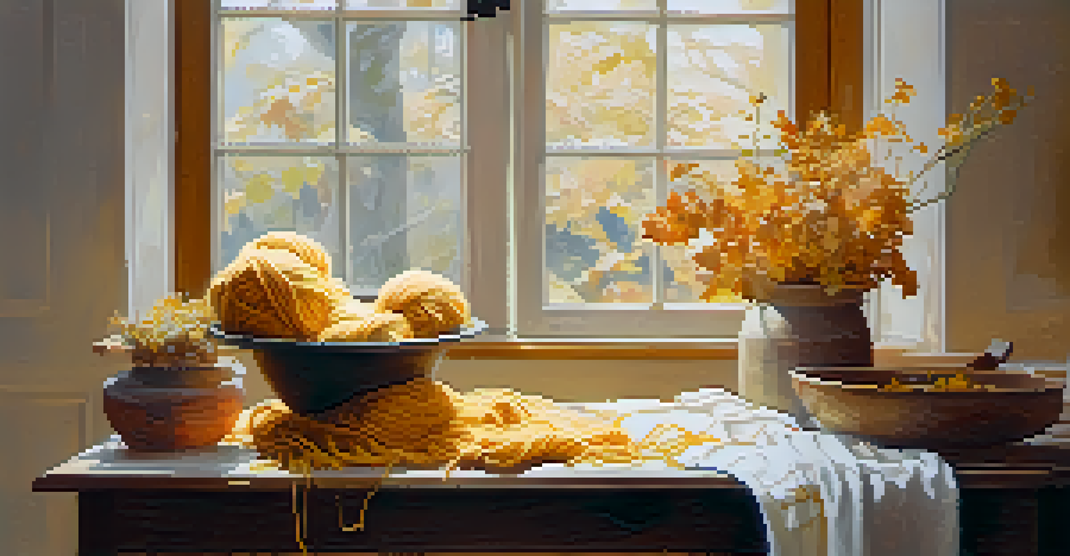 A natural dyeing setup with a pot of flowers and dyed yarn displayed on a cloth in warm light.