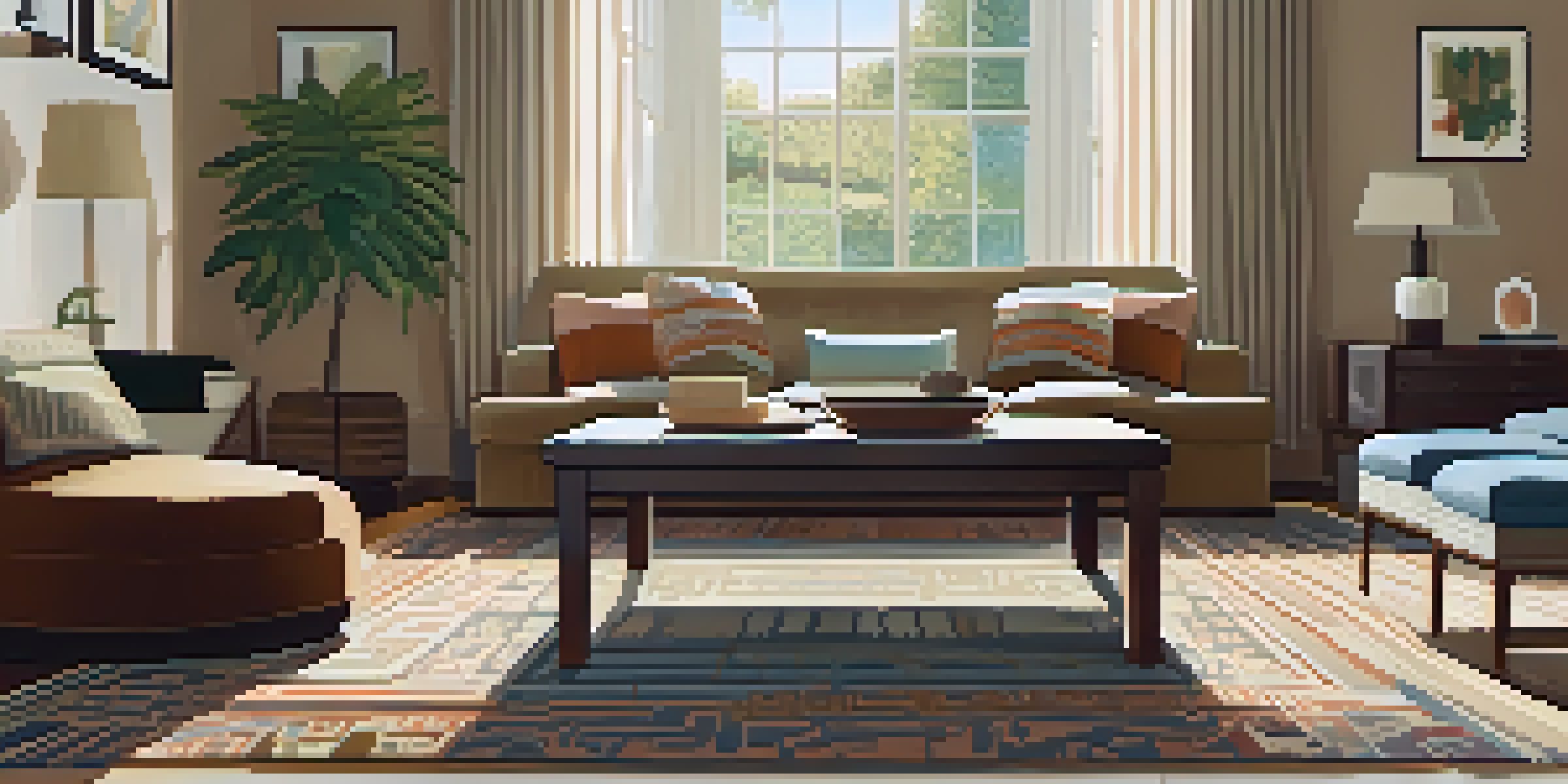 A cozy living room with a hand-woven wool rug and soft sunlight filtering through curtains.