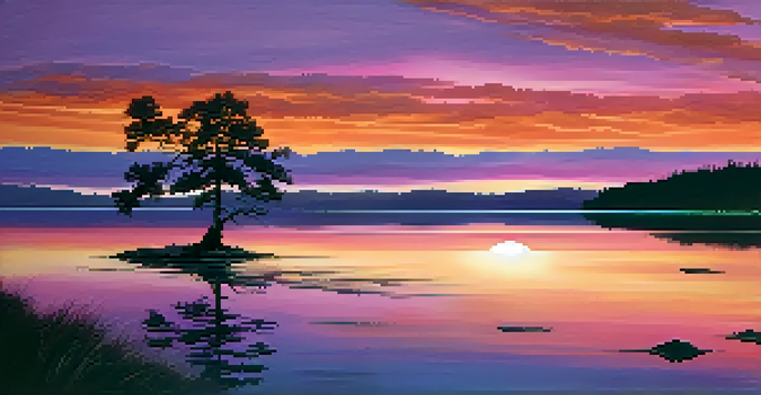 A colorful sunset reflecting on a calm lake, with a silhouette of a tree in the foreground.