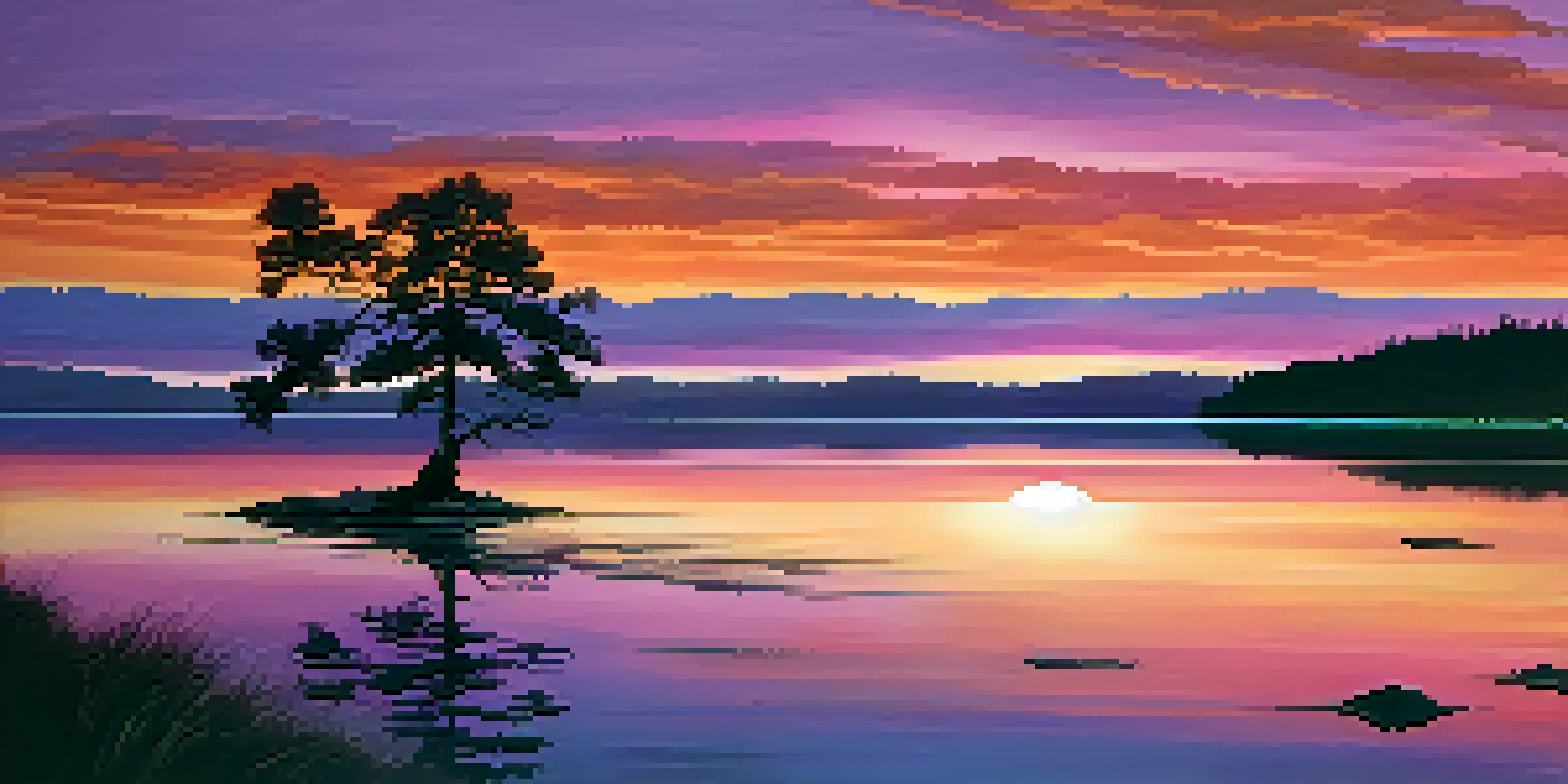 A colorful sunset reflecting on a calm lake, with a silhouette of a tree in the foreground.