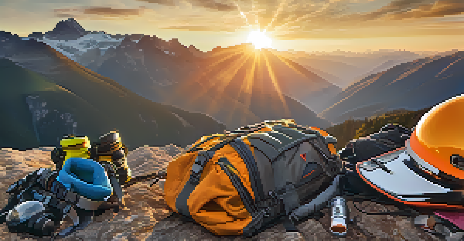 Close-up of base jumping gear on a rocky surface with a mountain landscape at sunset in the background.
