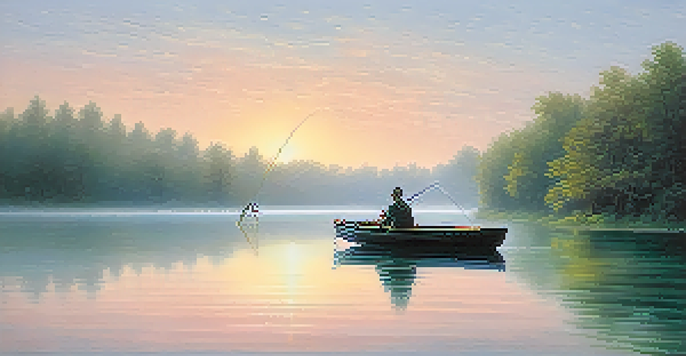 A peaceful lake at dawn, with mist on the water and a fisherman in a boat casting his line, surrounded by trees.