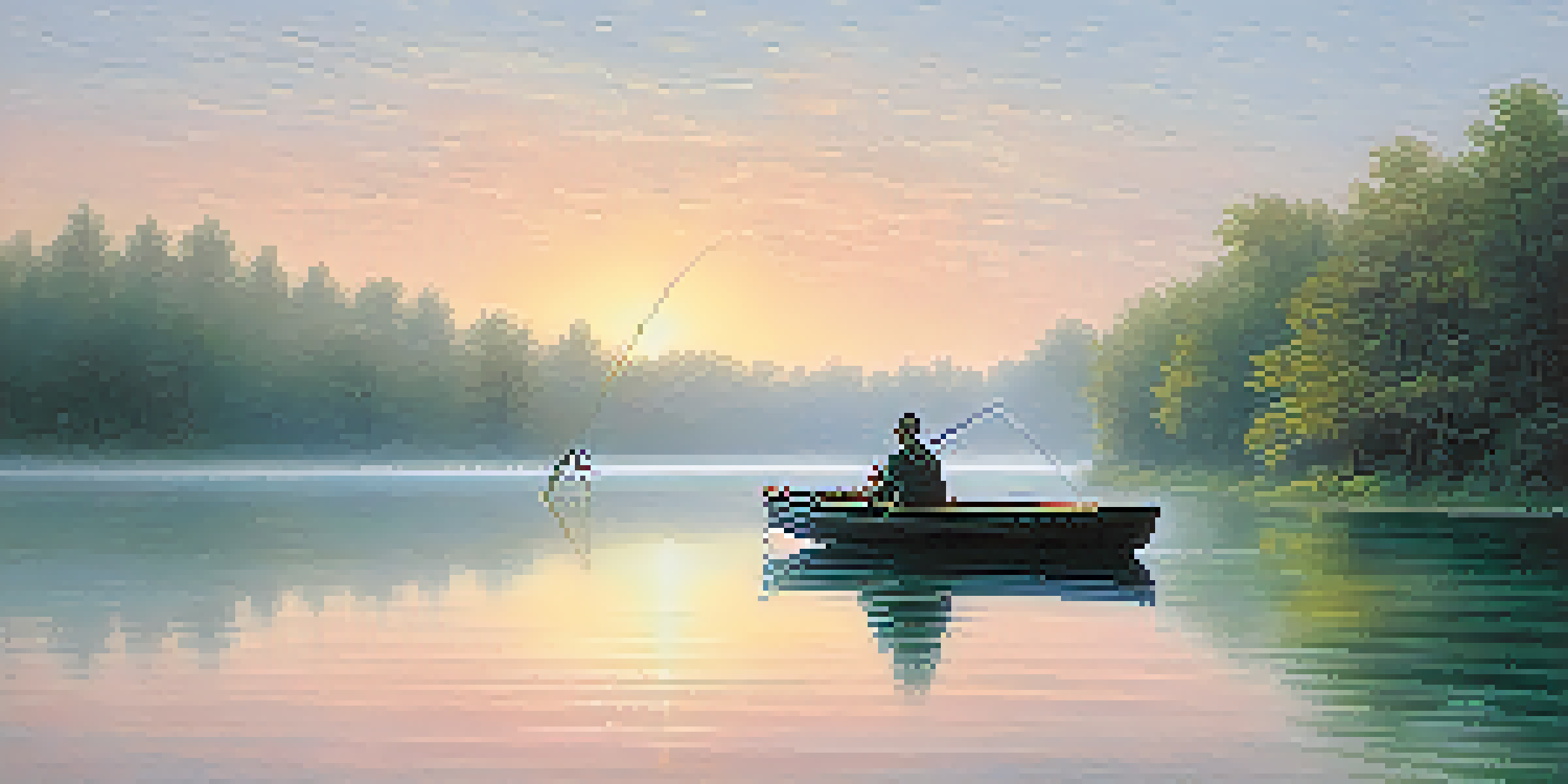 A peaceful lake at dawn, with mist on the water and a fisherman in a boat casting his line, surrounded by trees.