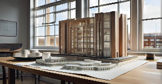 A scale model of a modern architectural building on a wooden table with sketches and blueprints around it, illuminated by natural light.